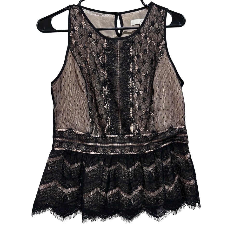 Ann Taylor LOFT Black & Nude Lace Peplum Top Sleeveless sz Petite S whimsigoth